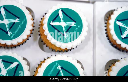 Election themed cupcakes in the media room ahead votes being counted at Rochdale Leisure Centre, for the Rochdale by-election which was triggered after the death of Labour MP Sir Tony Lloyd. Picture date: Thursday February 29, 2024. Stock Photo