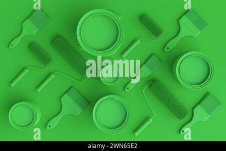 Set of metal cans or buckets with paint rollers and brushes for painting walls on monochrome background. 3d render of renovation apartment concept and Stock Photo