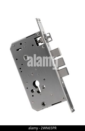 Metallic front door lock with three bolts, latch and strike plate on white background. high security lock Stock Photo