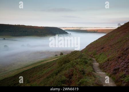 Dawn mist in the Hole of Horcum in the North York Moors, UK Stock Photo