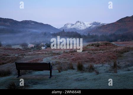 Dawn view of Elterwater village and Langdale Pikes from Elterwater Common, Lake District, UK Stock Photo