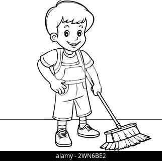 Boy sweeping the floor with a broom. black and white vector ...