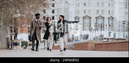 Three young business professionals walking outdoors in an urban city environment, discussing work and collaborating on ideas. Stock Photo