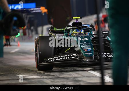 Sakhir, Bahrain. 29th Feb, 2024. FERNANDO ALONSO (SPA) of Aston Martin #14 pulls into the pit lane after completing FP2 during the Bahrain Grand Prix. (Credit Image: © Taidgh Barron/ZUMA Press Wire) EDITORIAL USAGE ONLY! Not for Commercial USAGE! Stock Photo