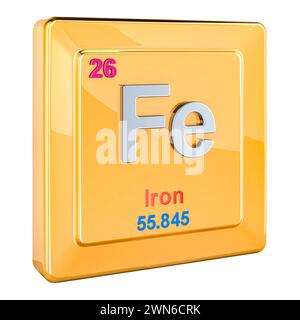 Ferrum, iron Fe chemical element sign with number 26 in periodic table. 3D rendering isolated on white background Stock Photo