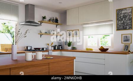 Minimal and clean kitchen interior with a combination of white and wood colors. 3d rendering Stock Photo