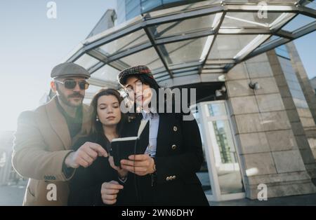 Three young business people collaborate using a notebook in an urban setting, showcasing remote work and teamwork. Stock Photo