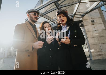 Three young partners engaged in a remote work discussion outdoors, using a smart phone to collaborate and share ideas in the city. Stock Photo