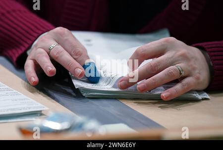 Votes being counted at Rochdale Leisure Centre, for the Rochdale by-election which was triggered after the death of Labour MP Sir Tony Lloyd. Picture date: Thursday February 29, 2024. Stock Photo