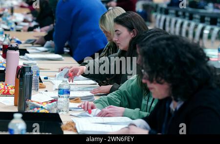 Votes being counted at Rochdale Leisure Centre, for the Rochdale by-election which was triggered after the death of Labour MP Sir Tony Lloyd. Picture date: Thursday February 29, 2024. Stock Photo