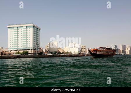 Dubai, United Arab Emirates - jun 24, 2013 - Traditional arabic wooden dhow at Dubai Creek. United Arab Emirates Stock Photo