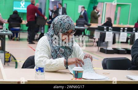 Votes being counted at Rochdale Leisure Centre, for the Rochdale by-election which was triggered after the death of Labour MP Sir Tony Lloyd. Picture date: Thursday February 29, 2024. Stock Photo