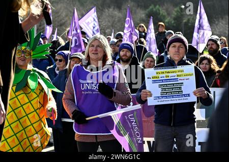 Edinburgh, Scotland, UK. 29th February 2024.  Rally by EIS and Unison protesting against the planned funding cuts to further education and for a fair pay rise, protest at the Scottish parliament Holyrood. Credit: Craig Brown/Alamy Live News Stock Photo