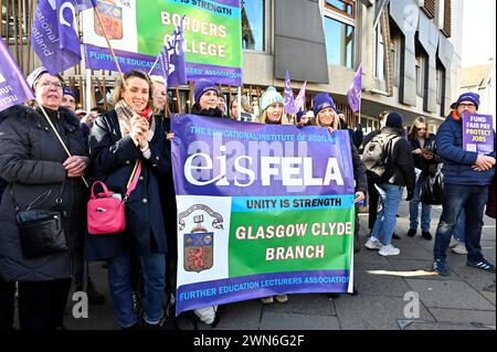 Edinburgh, Scotland, UK. 29th February 2024.  Rally by EIS and Unison protesting against the planned funding cuts to further education and for a fair pay rise, protest at the Scottish parliament Holyrood. Credit: Craig Brown/Alamy Live News Stock Photo