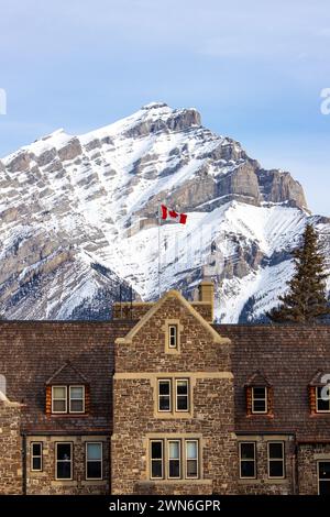 The Historic Banff National Park Administration Building in the Cascades of Time Garden on Banff Avenue with C Stock Photo