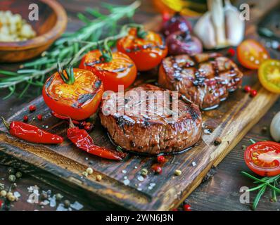 Succulent thick juicy portions of grilled fillet steak served with tomatoes and roast vegetables on an old wooden board Stock Photo