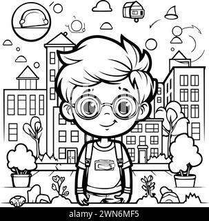 Outline illustration of a little boy wearing glasses. standing in the city. Stock Vector