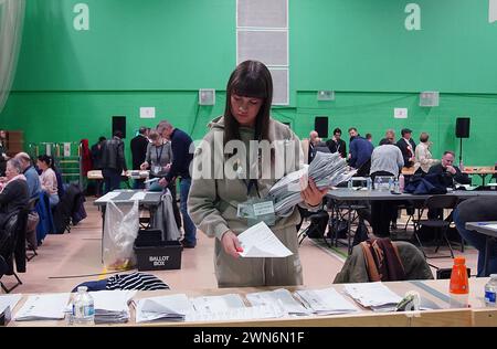 Votes being counted at Rochdale Leisure Centre, for the Rochdale by-election which was triggered after the death of Labour MP Sir Tony Lloyd. Picture date: Thursday February 29, 2024. Stock Photo