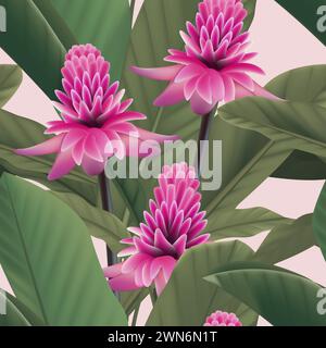 Red ginger with leaves. Various tropical abstract leaves. Seamless pattern. tropical background from orange flowers, green leaves, wallpaper, cover, w Stock Photo