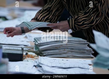 Votes being counted at Rochdale Leisure Centre, for the Rochdale by-election which was triggered after the death of Labour MP Sir Tony Lloyd. Picture date: Thursday February 29, 2024. Stock Photo