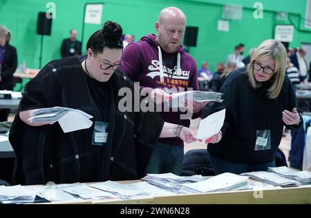 Votes being counted at Rochdale Leisure Centre, for the Rochdale by-election which was triggered after the death of Labour MP Sir Tony Lloyd. Picture date: Thursday February 29, 2024. Stock Photo