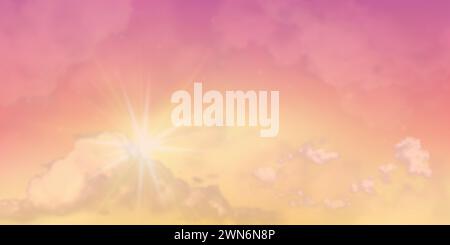 Blurred background. The sun's rays shine through the transparent pink clouds. Panorama. Nature background. Spring sunset. Stock Photo
