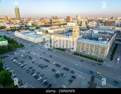 Yekaterinburg City Administration or City Hall and Central square at summer evening. Evening city in the summer sunset, Aerial View. Top view of city Stock Photo