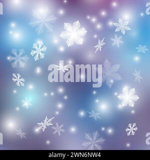 Winter Christmas background with falling snowflakes on blue background. Background for design with copy space.winter silver snowflake. Christmas backg Stock Photo
