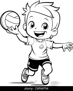 Little Boy Playing Volleyball - Black and White Cartoon Illustration ...