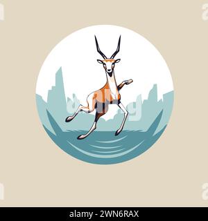 Deer jumping on the river. Vector illustration in cartoon style. Stock Vector