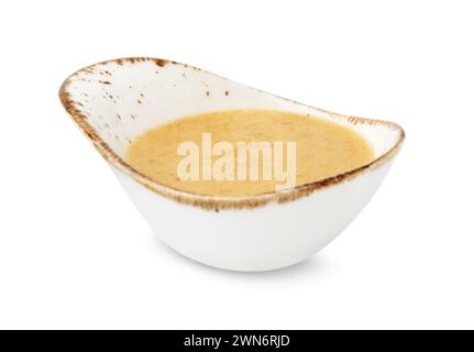 Delicious turkey gravy in sauce boat isolated on white Stock Photo