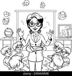 Teacher in classroom. Black and white vector illustration for coloring book. Stock Vector