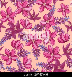 Flowers seamless pattern in purple , orange, red and maroon, yellow, green on cream background. Vivid and fresh Field Flowers Pattern Background. Flow Stock Photo