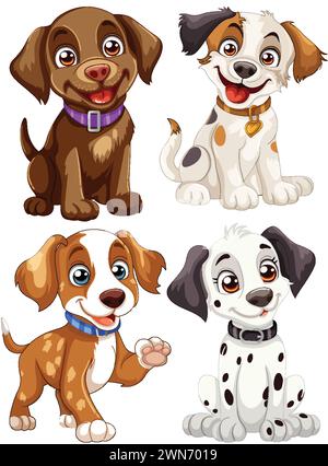 Four cute vector dogs with cheerful expressions. Stock Vector