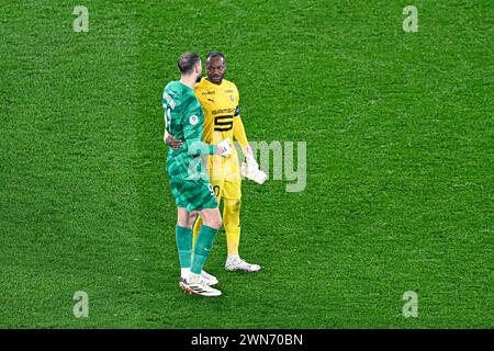 Paris, France. 25th Feb, 2024. Gianluigi Donnarumma goalkeeper and Steve Mandanda during the Ligue 1 football (soccer) match between Paris Saint-Germain PSG and Stade Rennais F.C. or Rennes at Parc des Princes in Paris, France, on February 25, 2024. Credit: Victor Joly/Alamy Live News Stock Photo