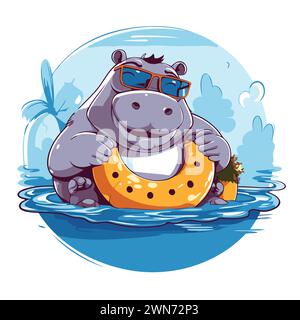 Hippo in sunglasses on an inflatable ring. Vector illustration. Stock Vector