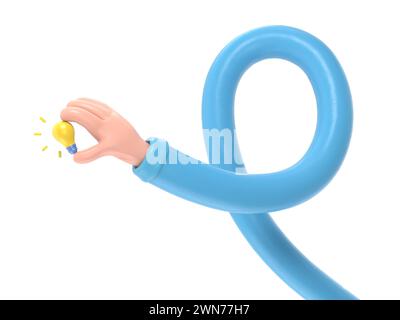 Cartoon Gesture Icon Mockup.3d icon hand holding light bulb gesture. cartoon great idea concept,3D rendering on white background.long arms concept. Stock Photo