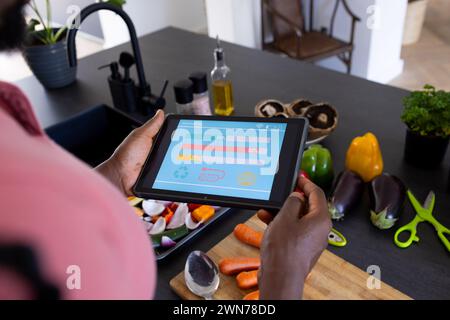 African American man uses a tablet with a colorful smart home app in a modern kitchen Stock Photo