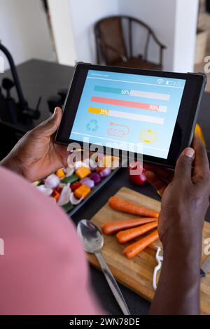 African American man uses a tablet showing a smart home app in a kitchen with vegetables Stock Photo