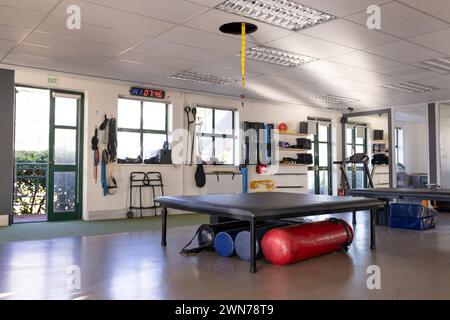 A spacious room features gym equipment like mats and weights, with a clear view outdoors Stock Photo