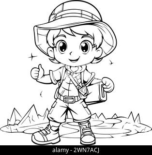 Coloring Page Outline Of cartoon explorer boy with map and magnifier ...