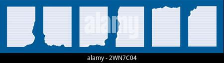 Set of torn paper snippets on blue background. A lined crumple notebook sheet. White grunge rectangles with jagged edges. Vector illustration for Stock Vector