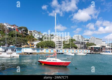 Boat sheds and Marina, Oriental Bay, Wellington, New Zealand Stock Photo