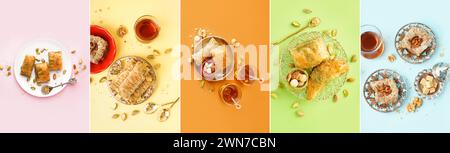 Collage of tasty baklava on color background, top view Stock Photo