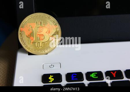 world map on bitcoin with power button on laptop , money sign on button Stock Photo