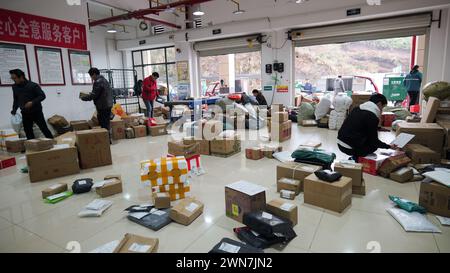 ENSHI, CHINA - MARCH 1, 2024 - Staff members are sorting express deliveries at the investment department of Hanghang Road in Enshi, Central China's Hu Stock Photo