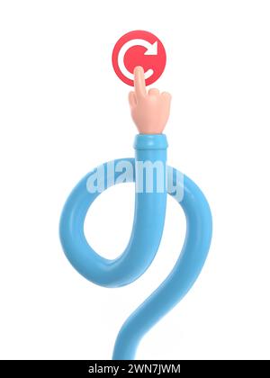 Reboot concept. Restarting technology. Hand to push big red button. 3d illustration flat design.3D rendering on white background.long arms concept. Stock Photo