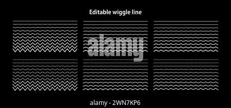 Editable wiggle lines. Set of wavy curves and zigzag intersecting horizontal strokes. Transition from a straight line to a wavy one. Geometric design Stock Vector