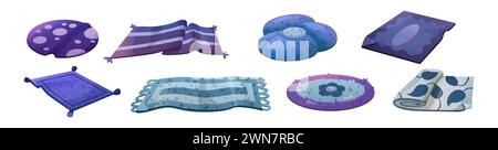 Blue carpet of different shape and size with pattern. Cartoon vector illustration set of cozy round and rectangular fabric cloth rug and mat with tassel and fringed for home floor decoration. Stock Vector