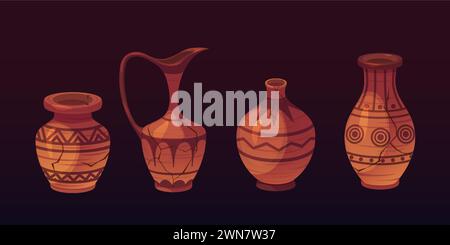 Ancient vases set isolated on black background. Vector cartoon illustration of antique pottery, vessels with cracks and ornament patterns, brown clay jar, amphora, ceramic urn, history museum exhibits Stock Vector